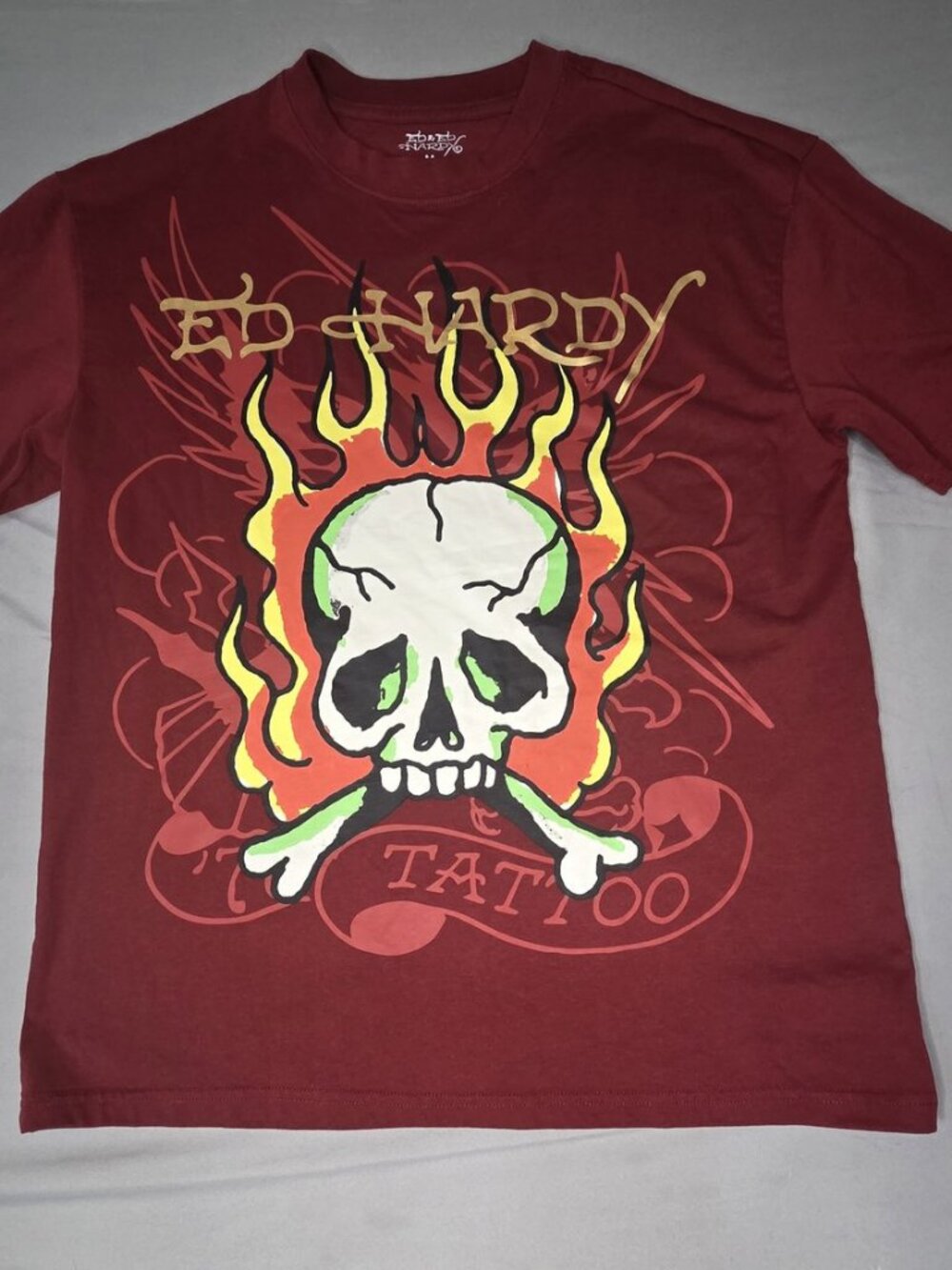 Ed Hardy Men’s M Burgundy Flaming Skull Tattoo Graphic Tee Y2K